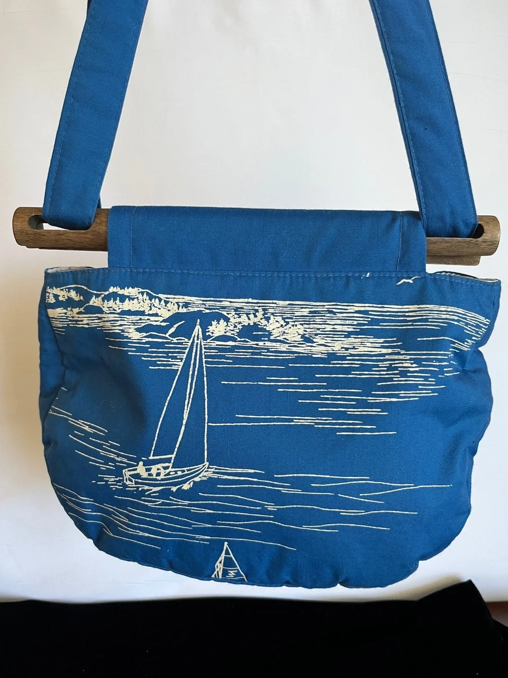 Vintage Flamstead of Vermont 70s-80s Coastal Sailboat Ocean Wood & Fabric Bag